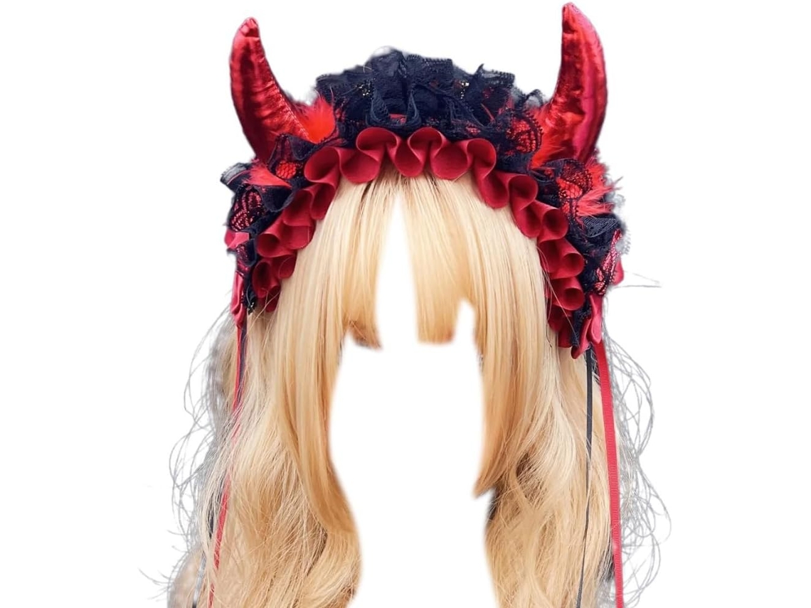 Diadema Creativa Con Forma De Cuernos De Diablo Para Mujer - Hecha De Encaje Plisado Para Halloween.