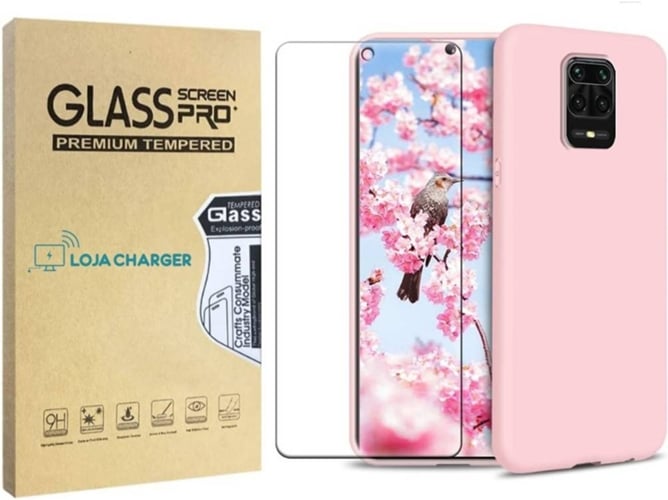 Funda y Protector Cristal Templado Xiaomi Redmi Note 9S LOJA CHARGER Silicona Rosa