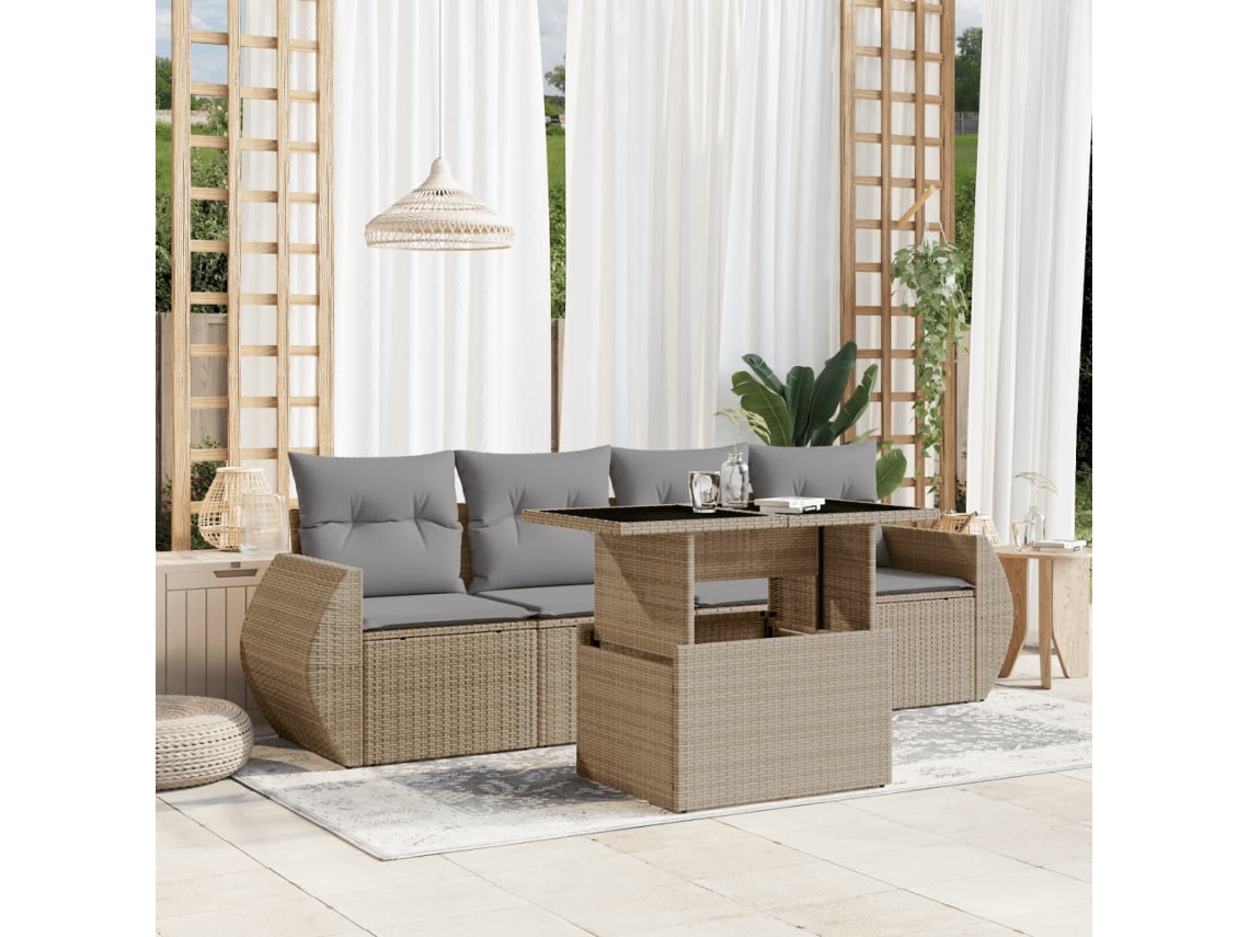 Conjunto de 5 sofás de jardín con cojines de mimbre beige Dkd Home Decor