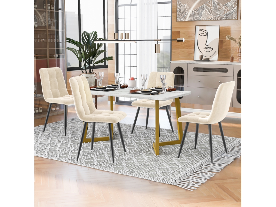 Mesa 117cm 4 Sillas Terciopelo Beige Dorado