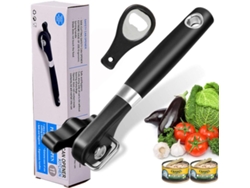 Abrelatas manual Safe Cut, de acero inoxidable resistente con borde liso y agarre de goma antideslizante, diseño portátil para aventuras culinarias.