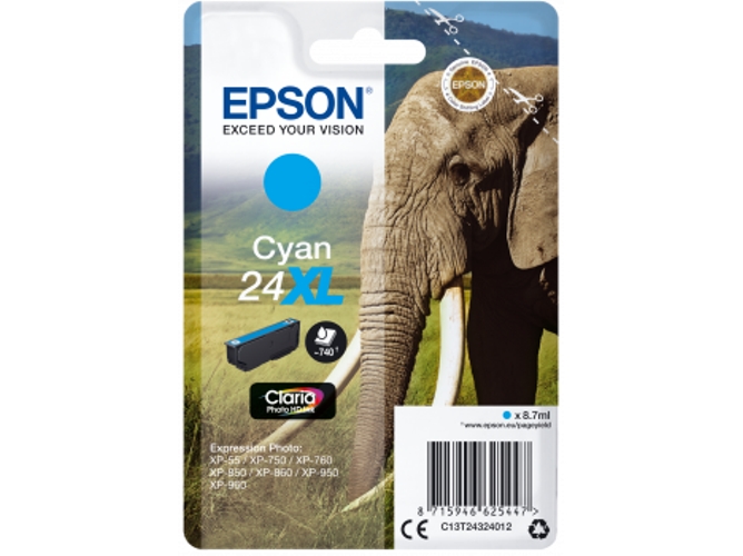 Cartucho de tinta original EPSON, 24XL, Elefante 8,7 ml , Cian, C13T24324012, T2432