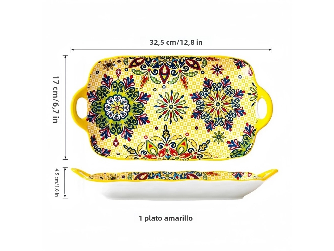 (1 Amarillo) Plato De Cena En Forma De Pez De Cerámica De Estilo Bohemio, Rectangular De 12,8 Pulgadas, Calentable.