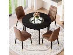 Mesa Redonda Minimalista 100 Cm En Estilo Madera Negra, Con 4 Sillas En Tela Tech Marrón, Ideal Para Sala De Estar.