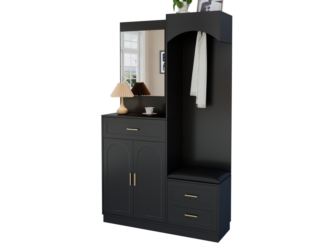 Mueble de Entrada Mueble Compacto con Espejo y Zapatero Negro 110x33x185,5 cm MOBRIO