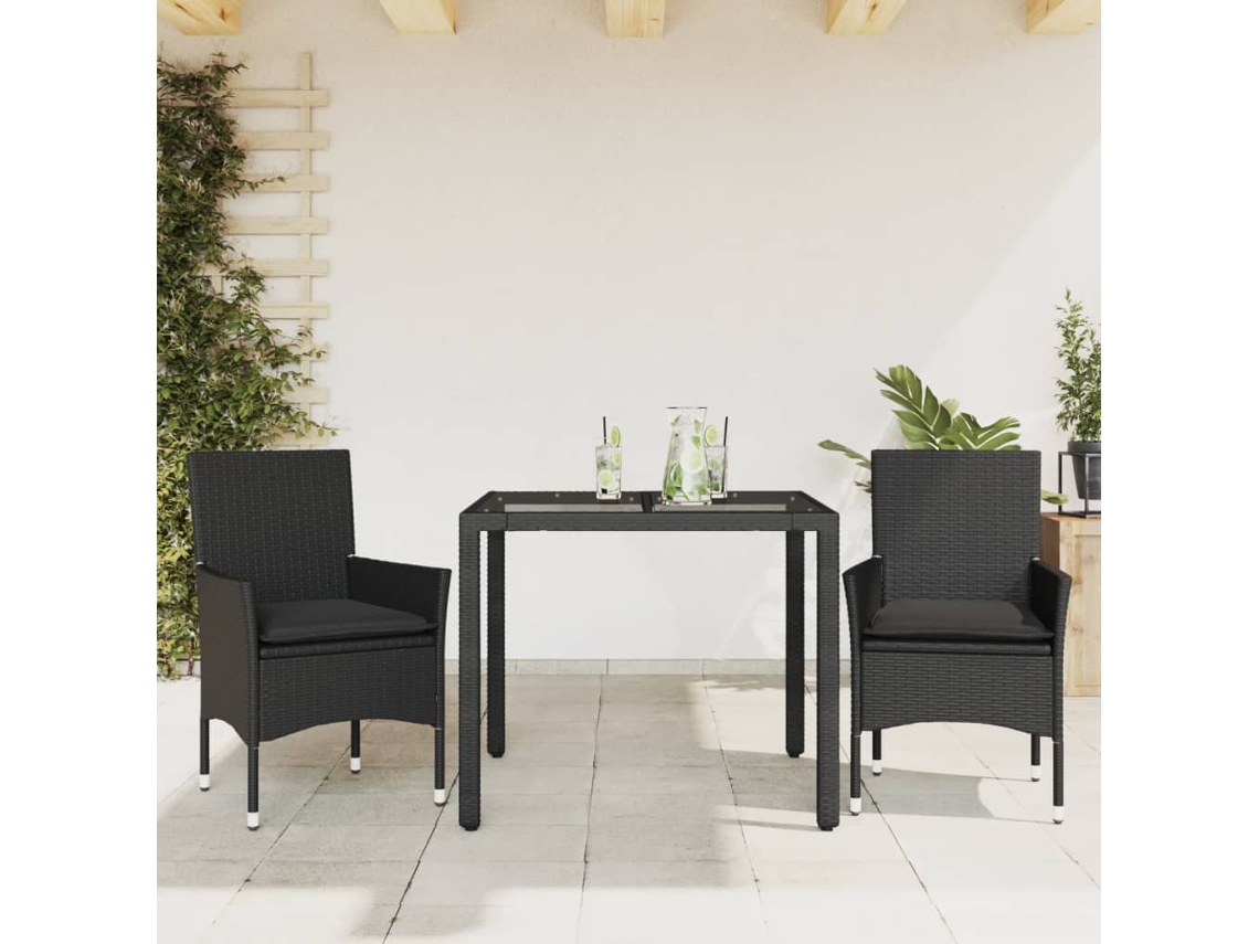 Conjunto de comedor de jardín de 3 piezas con cojines de mimbre negro de polietileno y vidrio de DKD Home Decor