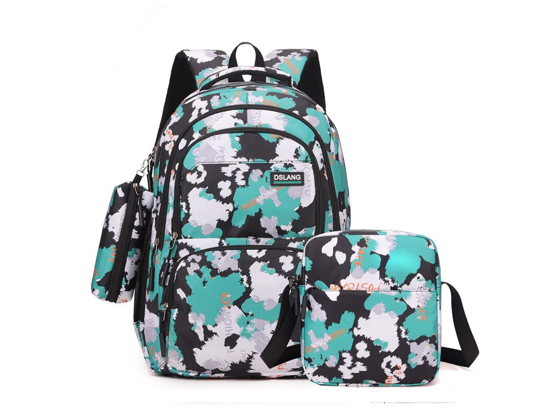 Mochila escolar de tres piezas, mochila de viaje de gran capacidad, verde