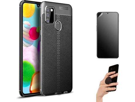 Kit Carcasa Y Protector Samsung A21S Ultimatte Rugged Leather Y Popsocket Negro