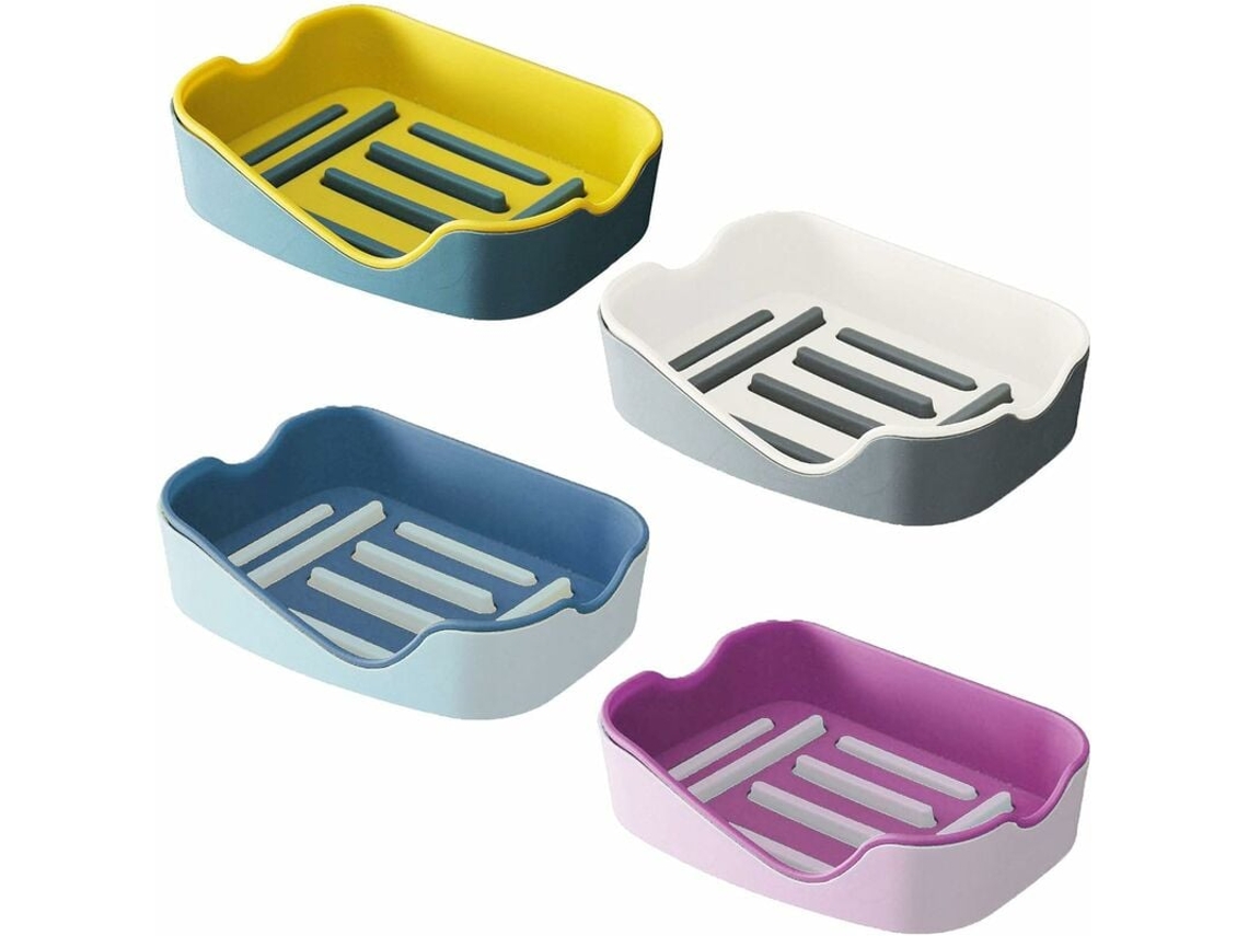 Jabonera de plástico de 4 piezas sin taladrar para baño, ducha o cocina. Mantiene el jabón seco y limpio (rosa, gris, azul, amarillo).