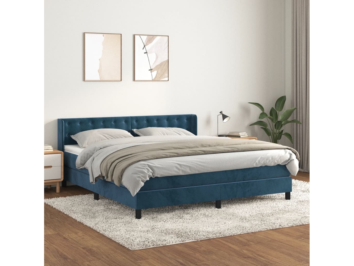 Cama Box Spring Con Colchón Terciopelo Azul Oscuro 160x200 Cm