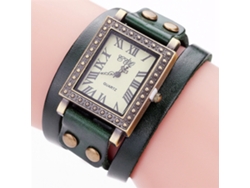 Reloj De Pulsera Cuadrado Unisex De Aleación De Cuero Genuino Y Cuarzo Verde