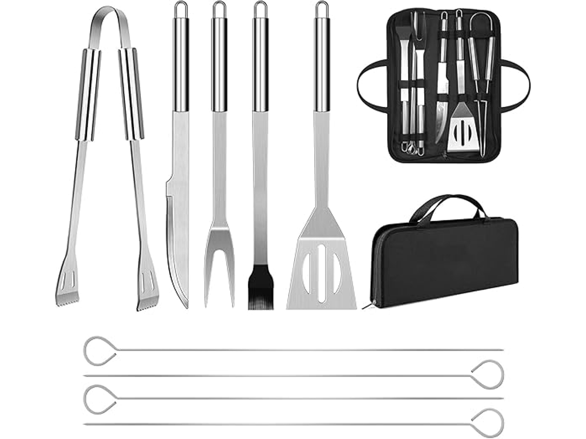 JILLIOPER Accesorios para parrilla, herramientas profesionales de acero inoxidable para barbacoa, juego de herramientas con asas termoaislantes y estuche portát