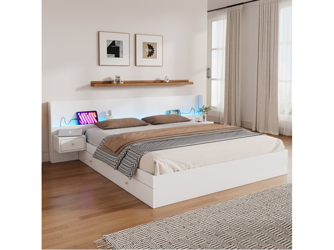 Cama Doble 180x200cm, Led App, Usb Y Enchufe, 2 Mesitas De Noche Con Cajones, 300kg, Sin Colchón, Blanco