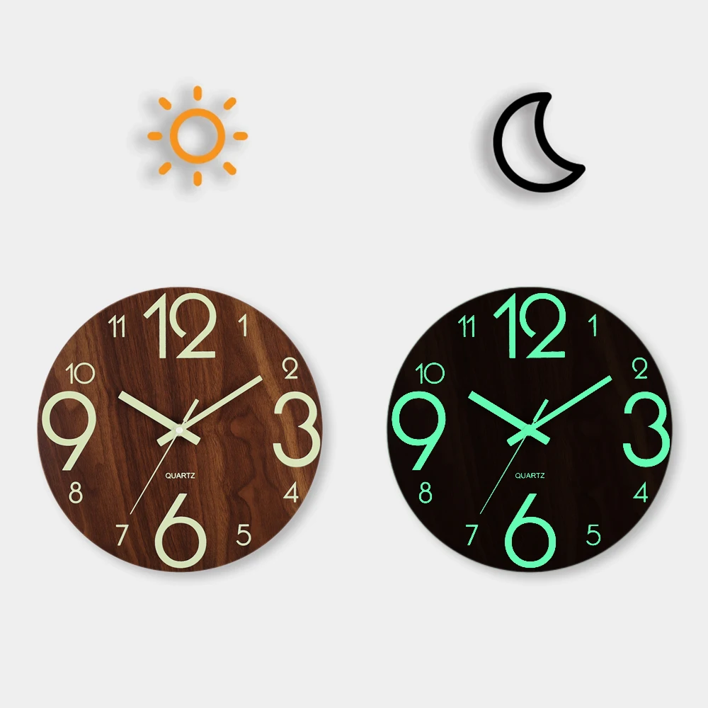 Reloj De Pared De Madera Luminoso (14 Pulgadas), Silencioso Y Luminoso, Sin Tictac.