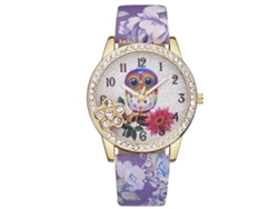 Reloj Vansvar Para Mujer Con Correa De Pu Y Estampado Floral De Búho Con Pedrería Morada.