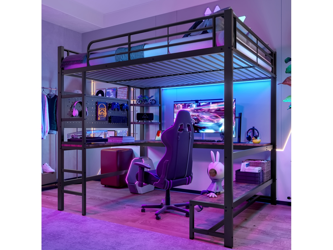 Cama Alta De Hierro De 140x200, Escritorio, Barandilla, Escalera, Estantes, Usb, Panel Led, Negro.