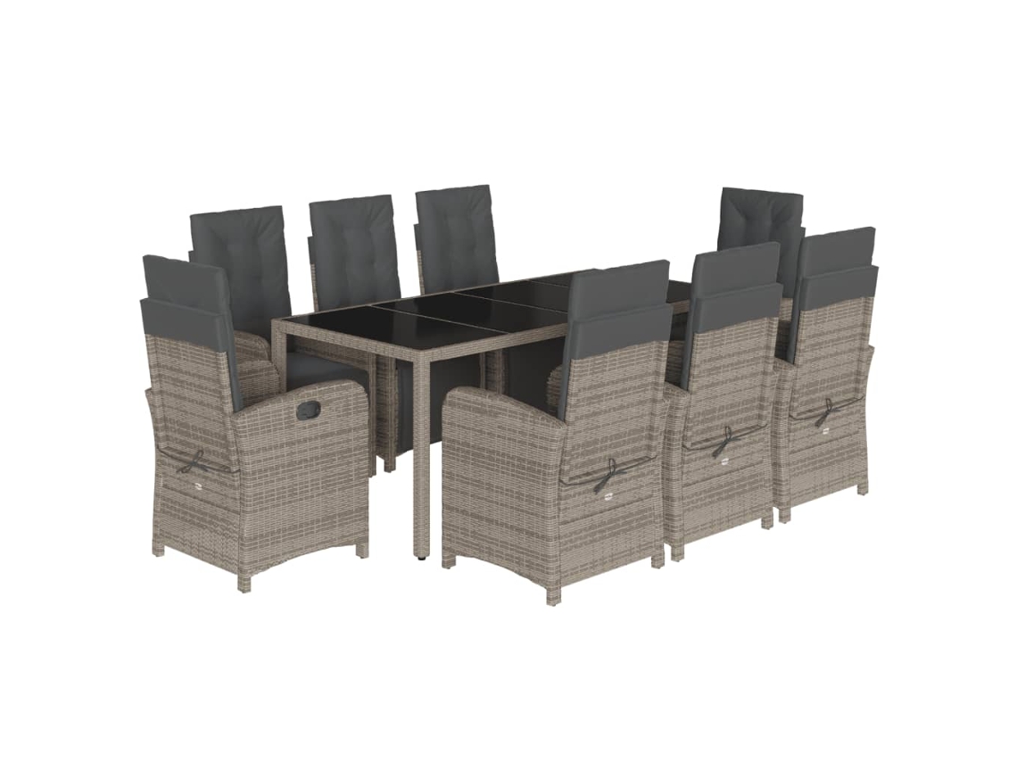 Juego de 9 piezas de comedor de jardín con cojines de mimbre, gris, EXCLUSIVA MAISON