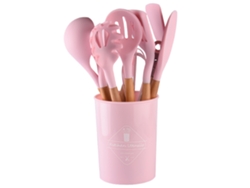 Juego De Utensilios De Cocina De Silicona Con Mango De Madera, Juego De 12 Piezas, Color Rosa (Caja De Color) JEIIBRZUI