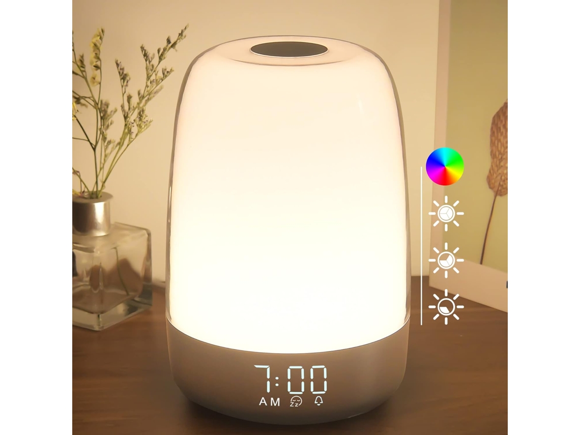 Luz nocturna con despertador y simulación de amanecer, ajustable en 3 modos (blanco)