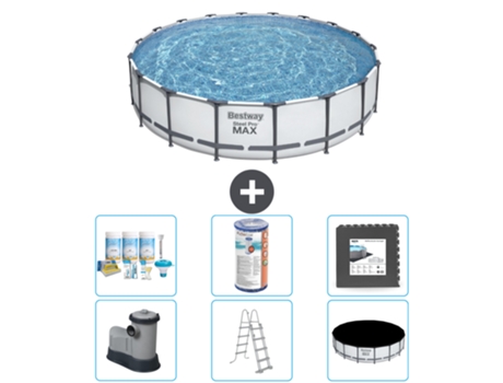 Piscina BESTWAY Round Steel Pro MAX - 549 x 122 cm - Gris - Bomba incluida - Escalera - Cobertor Paquete de mantenimiento - Filtrar - Baldosas