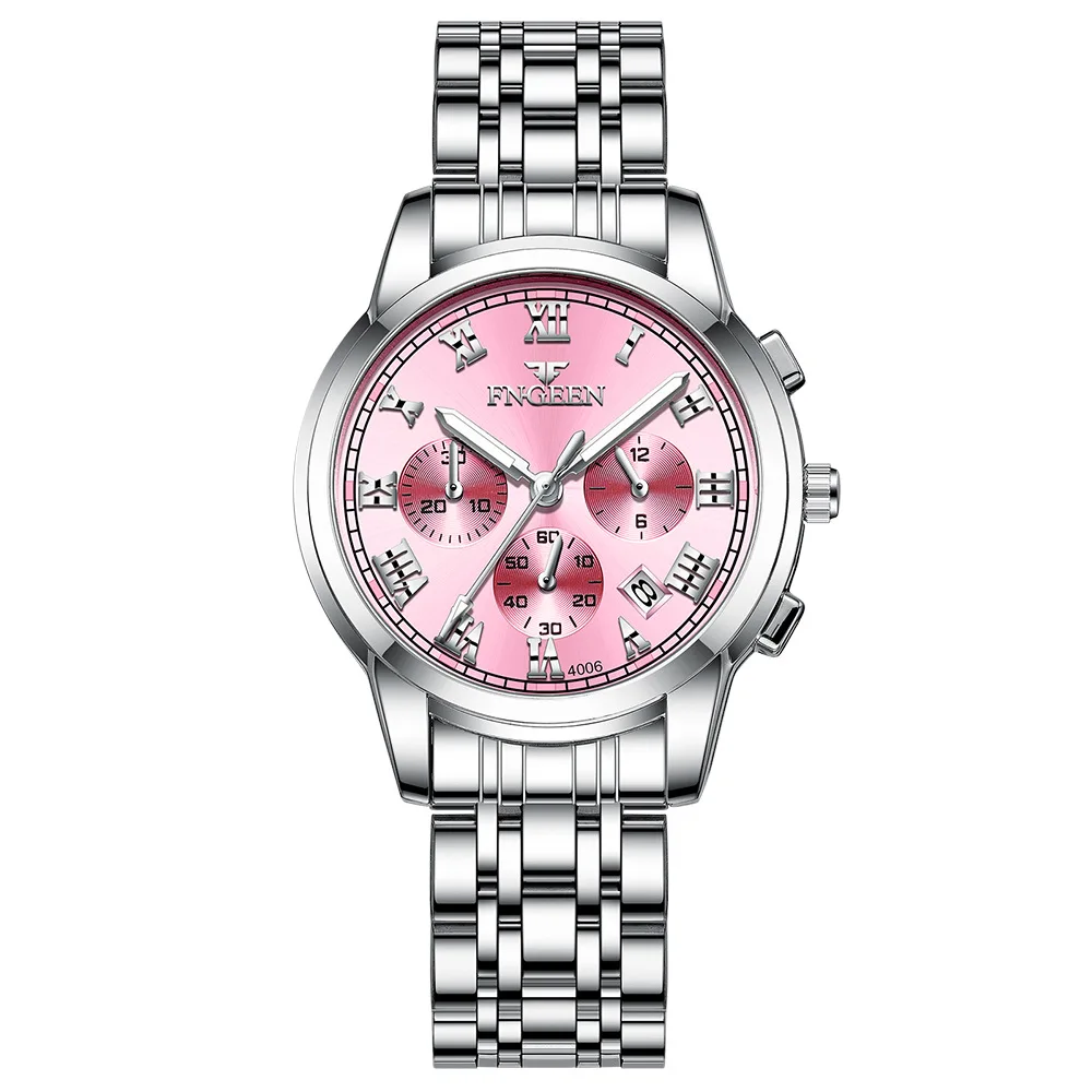 Reloj De Cuarzo De Lujo Para Mujer (plateado, Esfera Rosa), Caja De Acero Inoxidable, Luminoso Y Resistente Al Agua.