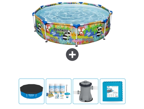 Piscina BESTWAY Round Steel Pro - 274 x 66 cm - Animal print - Incluida Cubrir - Paquete de mantenimiento - Bomba - Baldosas