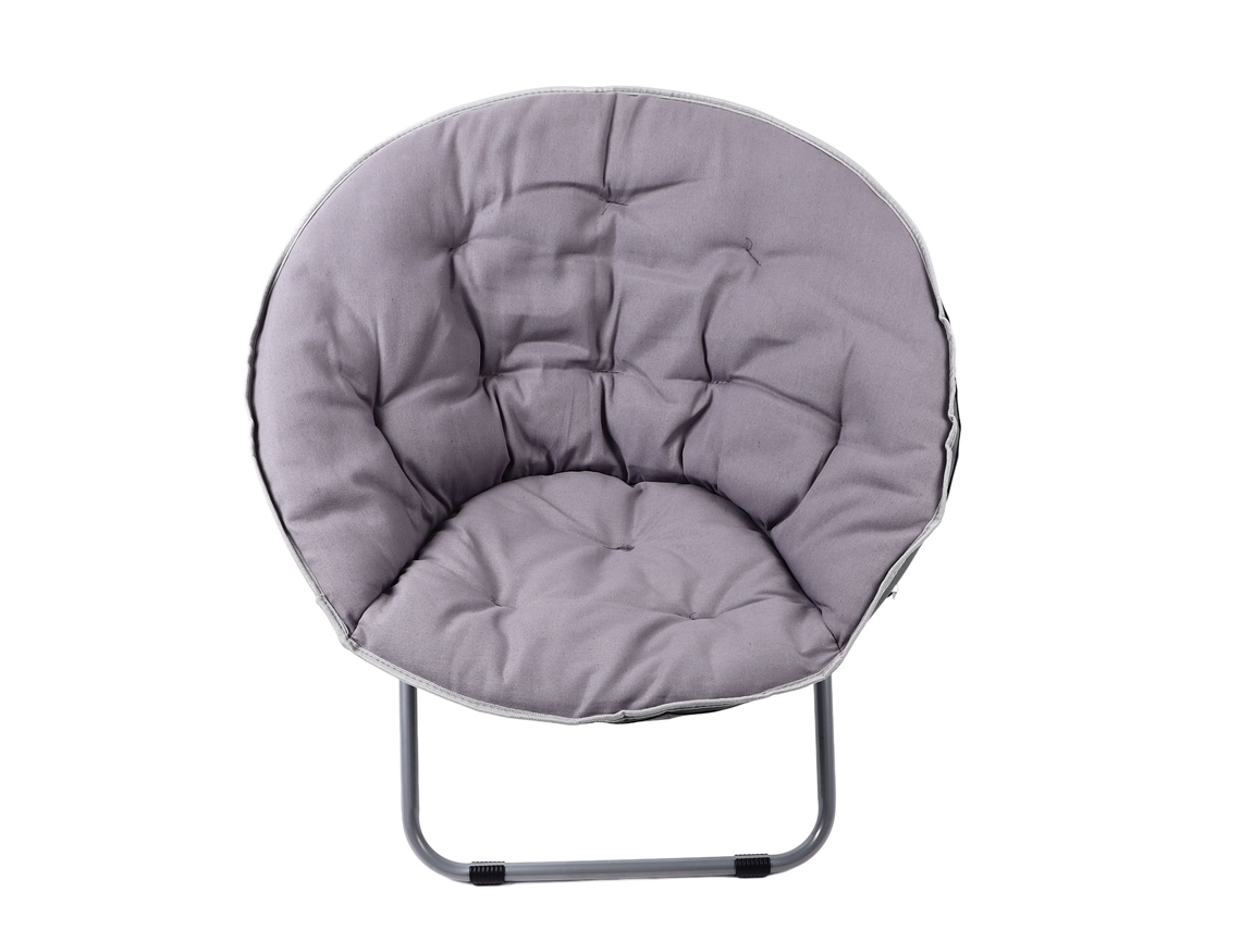 Silla platillo con estructura de metal gris, cómoda y ergonómica, plegable y acogedora, ideal como regalo para la sala de estar.