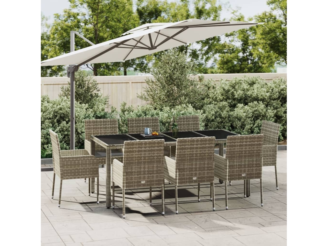 Juego de comedor de jardín de 9 piezas DKD Home Decor con cojines de mimbre gris