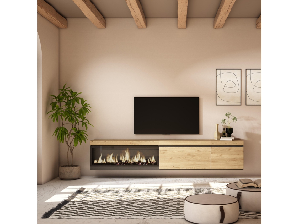 Mueble TV, Televisión, 237x45x35 cm, Para TV gran formato, Chimenea eléctrica XXL, Colgado, Suspendido, Roble SKRAUT HOME