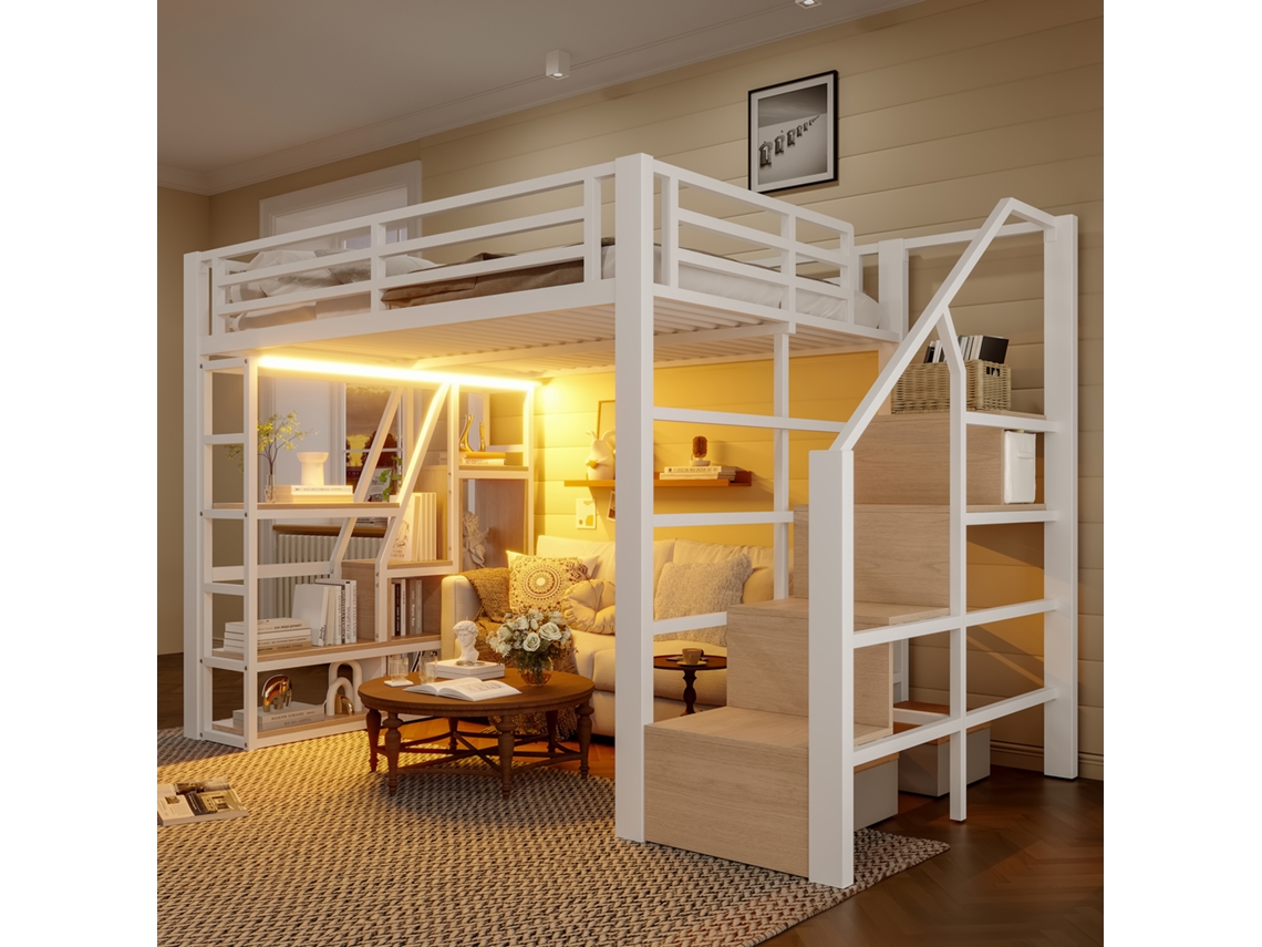 Cama Alta De Hierro De 140x200 Con Barandilla De Escalones, Iluminación Led Y Espacio Abierto Blanco.
