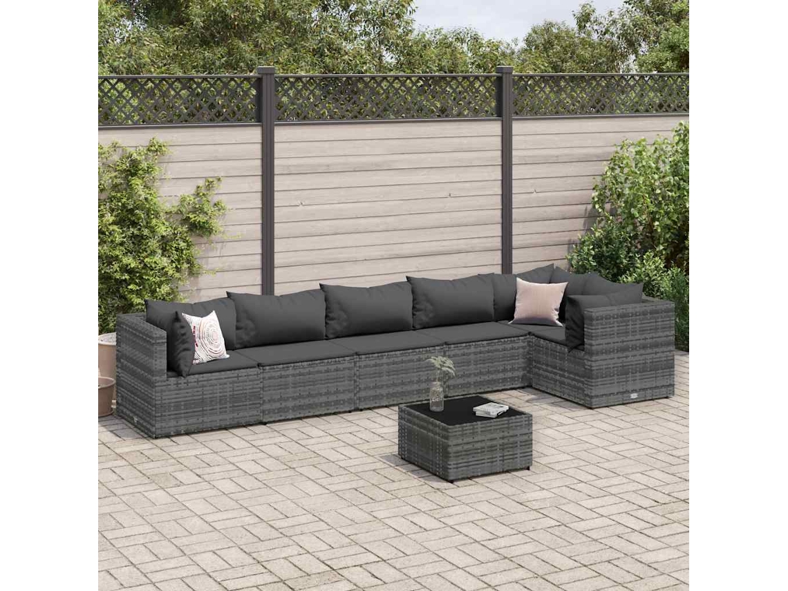 Conjunto de jardín de 7 piezas con cojines, ratán gris, DKD Home Decor