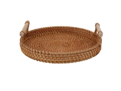 Bandeja Redonda De Mimbre Hecha A Mano Para Frutas, Con Asas De Madera Maciza, Ideal Para Servir Y Decorar.