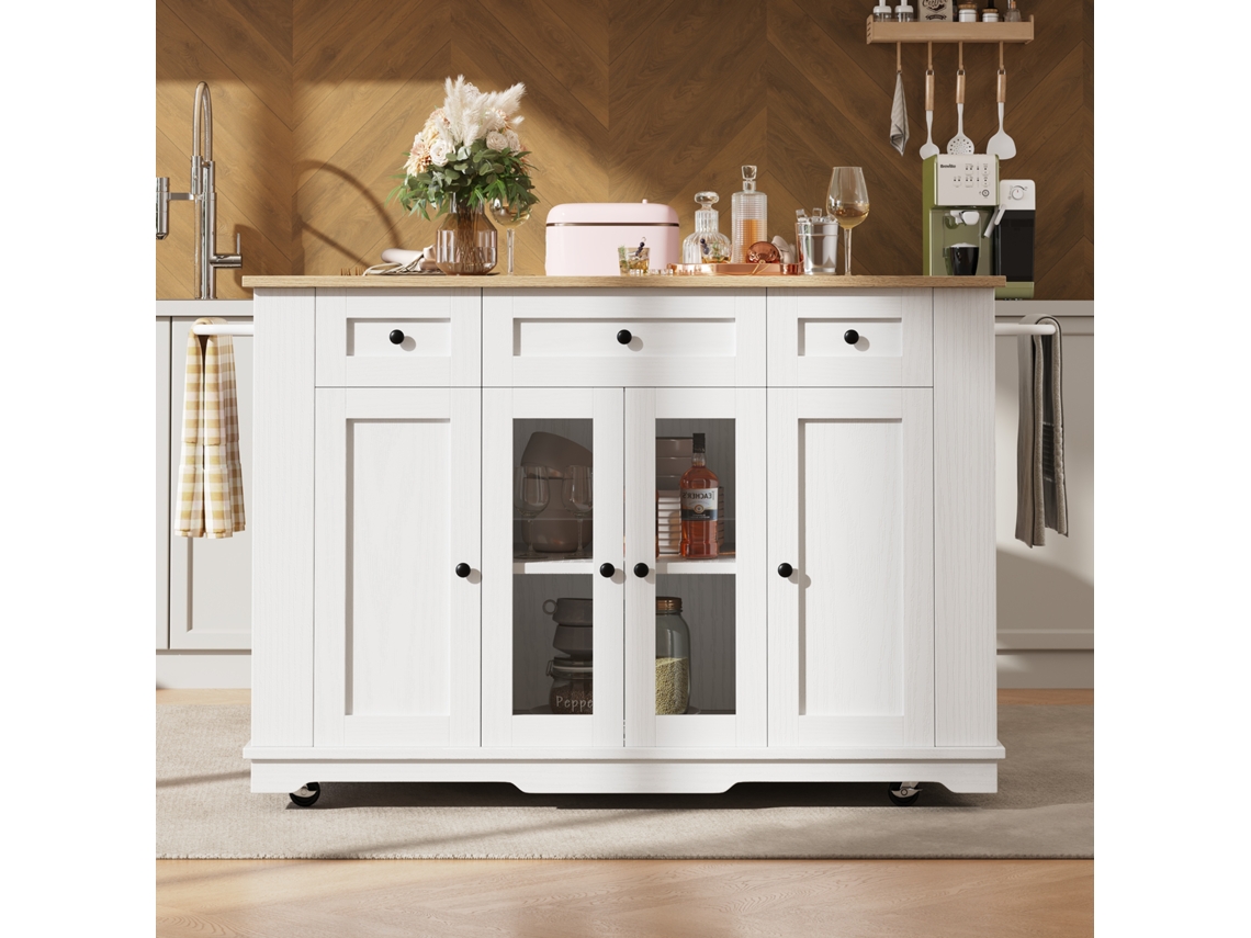 Carrito de cocina con ruedas y bandeja extensible, 3 cajones y 6 estantes, estilo blanco
