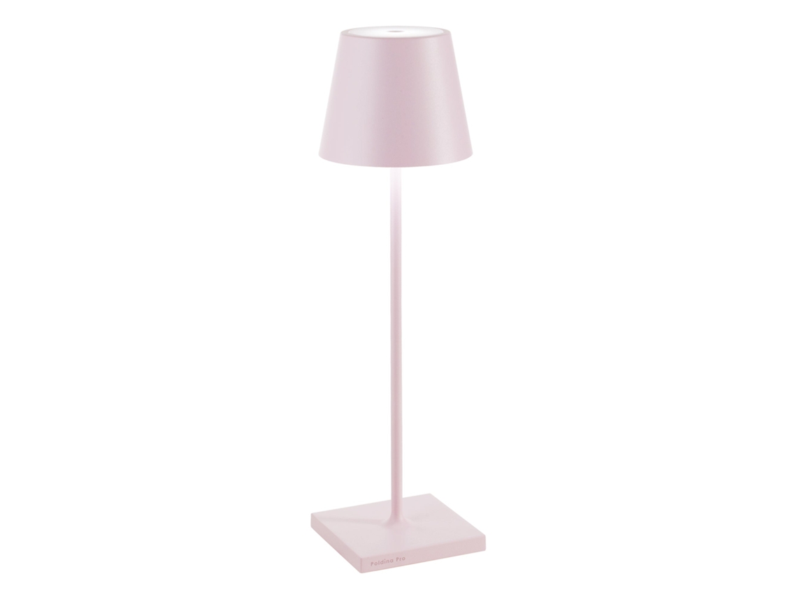 Lámpara de mesa LED rosa Zafferano Poldina Pro, recargable, regulable, hasta 12 horas de duración de la batería, clasificación IP65, apta para uso en exteriores.