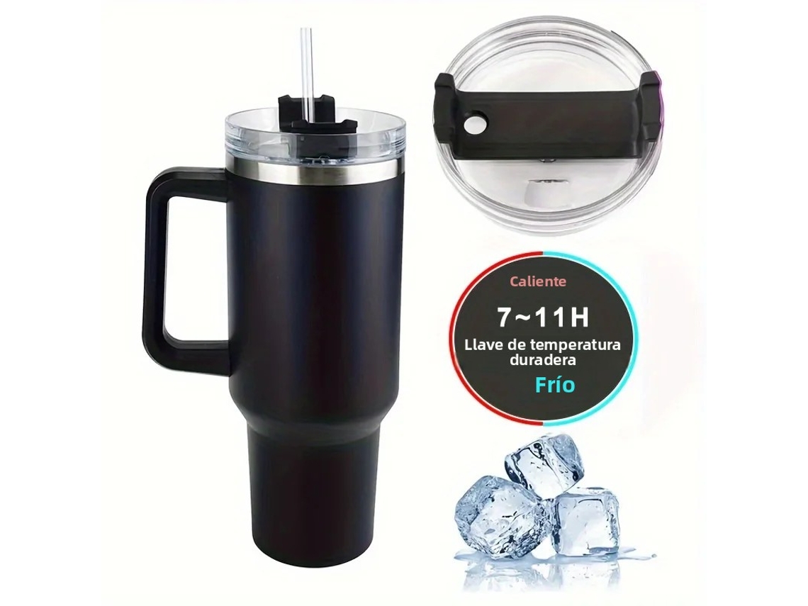 Taza térmica de viaje de 1,18 l (40 oz) con asa y tapa con pajita, doble pared de acero inoxidable (negro)