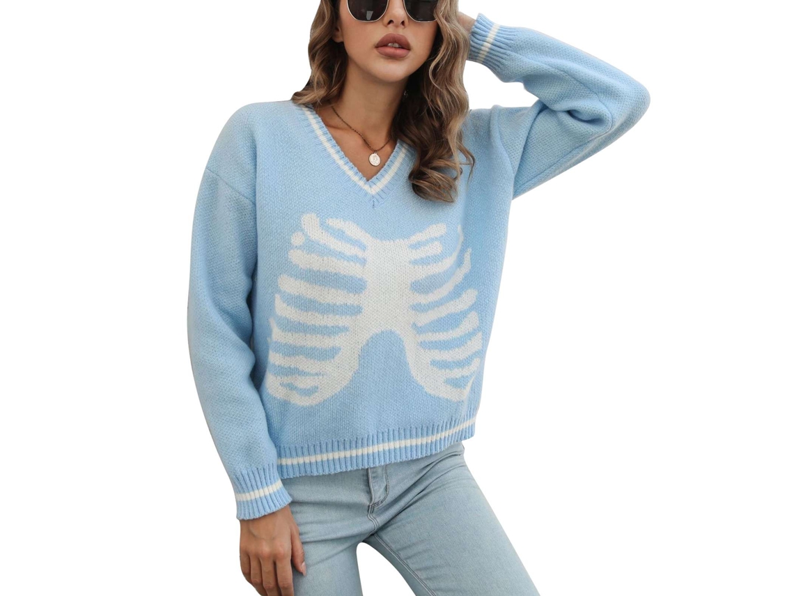 Jersey de punto para mujer Rebe-jersey con estampado de calaveras, cuello en V, mangas largas y corte holgado, ideal para otoño e invierno.