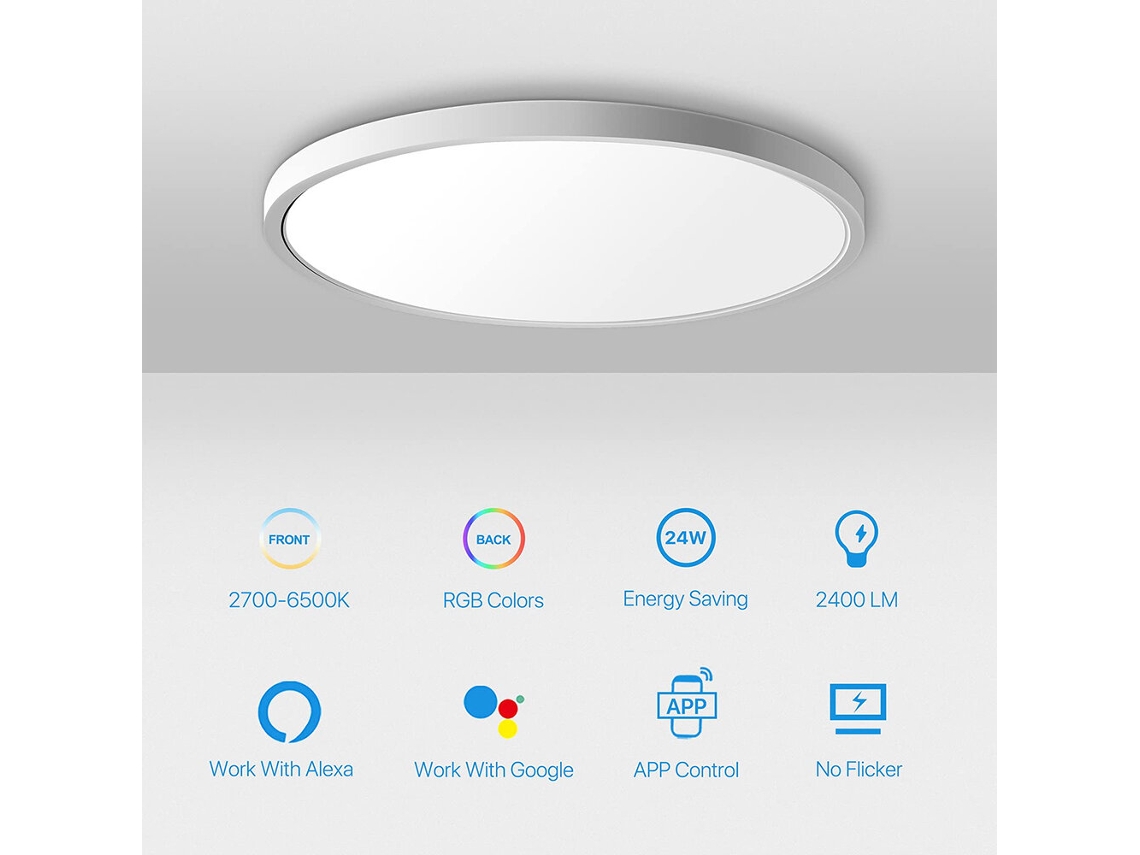 Lámpara de techo LED inteligente de 36 W y 40 cm con luz ambiental RGB regulable de 2700 kA y 6500 kE, compatible con Alexa y Google Home para dormitorio.