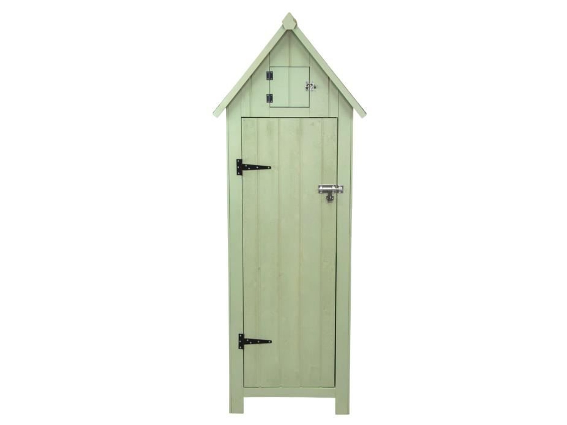 Cobertizo de madera verde para jardín, cobertizo de almacenamiento para exteriores, herramientas, 3 estantes, 4 ganchos, Monstershop