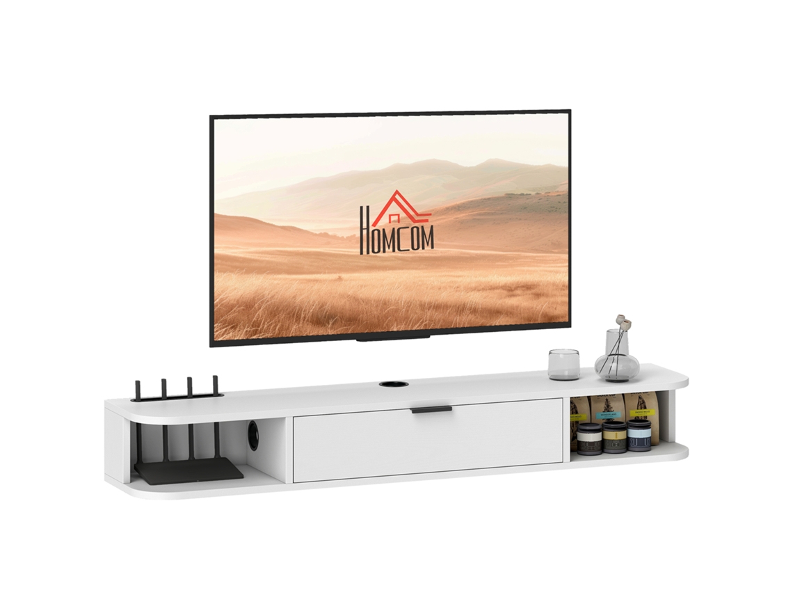 Móvel De Parede Para Tv De 120 Cm, Suporte Para Tvs De Até 50 Polegadas, Gaveta Basculante, 2 Prateleiras, 120 X 24 X 16 Cm, Branco
