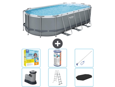 Piscina BESTWAY Oval Power Steel - 549 x 274 x 122 - Gris - Incluye bomba - Escalera - Cobertor Paquete de mantenimiento - Filtrar - kit de limpieza