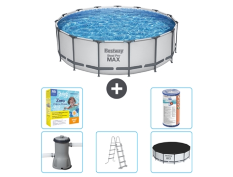 Piscina BESTWAY Round Steel Pro MAX - 457 x 122 cm - Gris - Bomba incluida - Escalera - Cobertor Paquete de mantenimiento - Filtrar