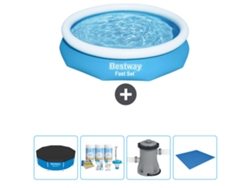 Piscina Hinchable Redonda Fast Set BESTWAY - 305 x 66 cm - Azul - Incluida Cubrir - Paquete de mantenimiento - Bomba - Suelo