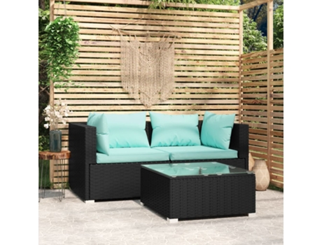 Conjunto 3 de muebles de jardín VIDAXL y cojines ratán sintético negro