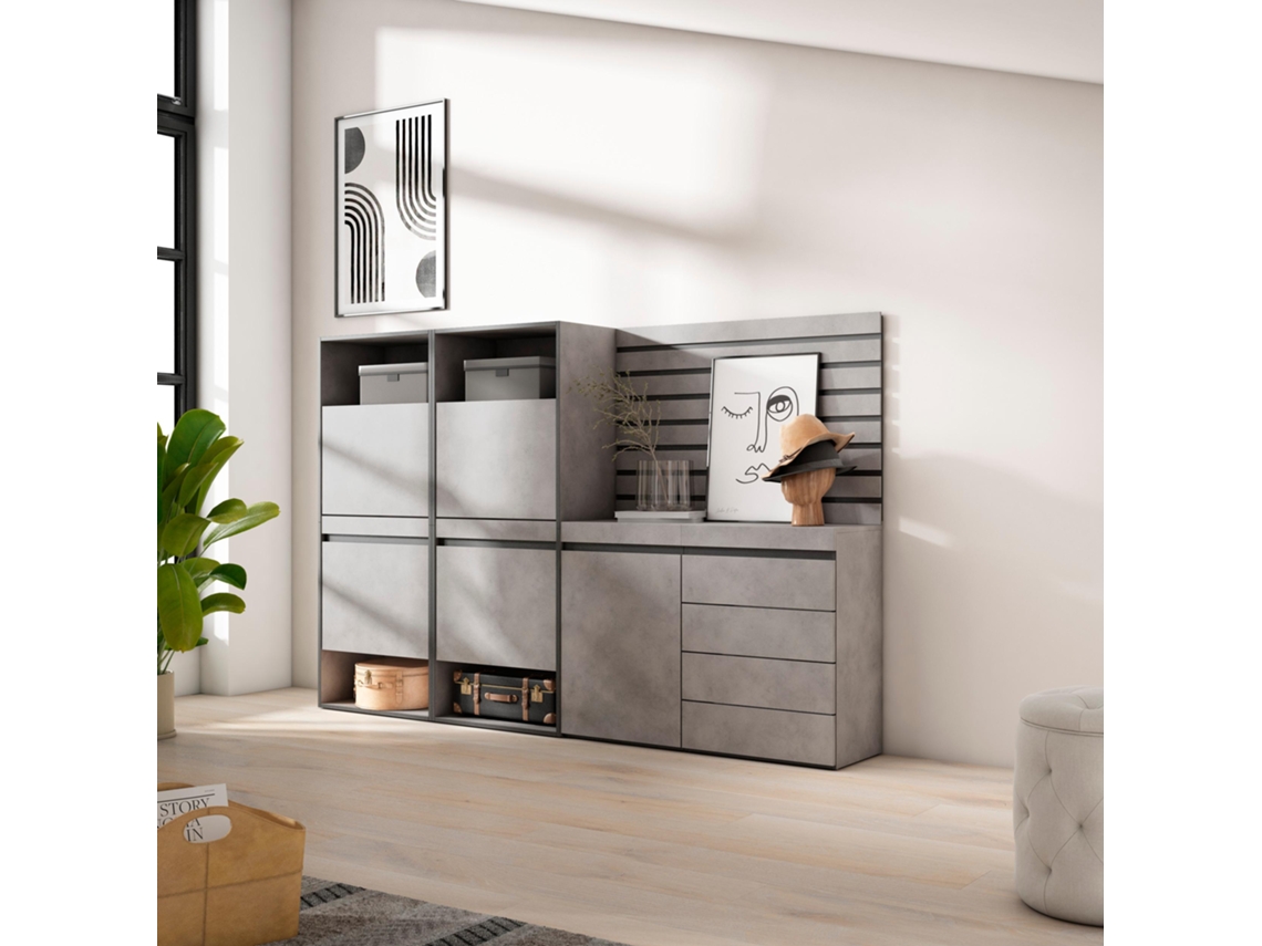Zapatero, 227x145x35 cm, Dormitorio, habitación, Cómoda, Cajonera, Listones Decorativos, Cemento SKRAUT HOME