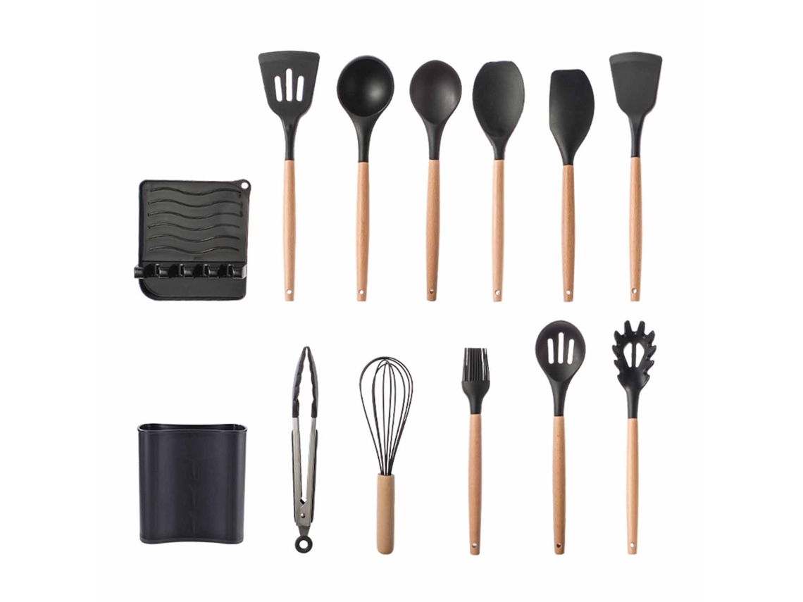 Juego De 13 Utensilios De Cocina De Silicona Antiadherente Con Mangos De Madera Resistentes Al Calor.