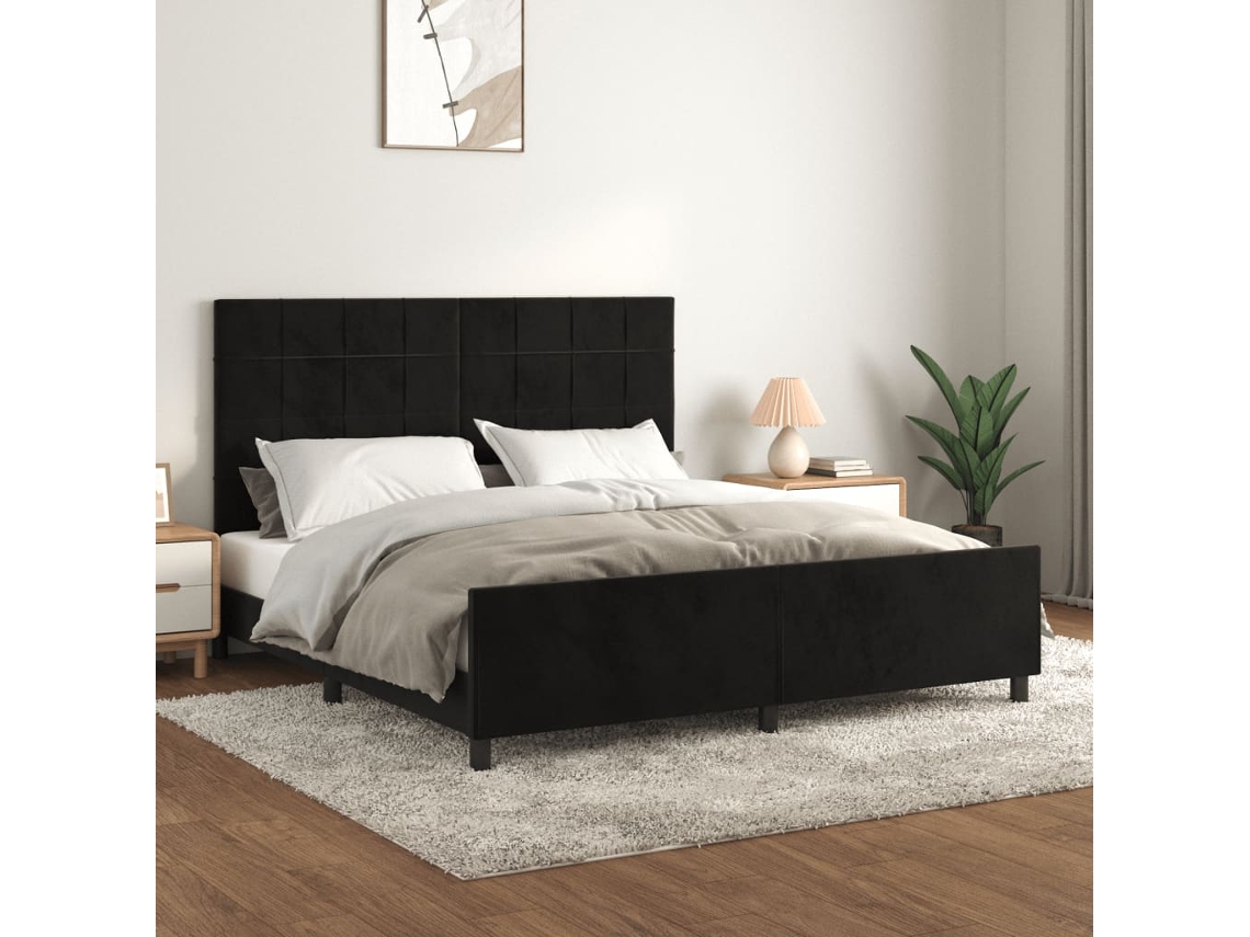 Estructura De Cama Con Cabecero De Terciopelo Negro 180x200 Cm