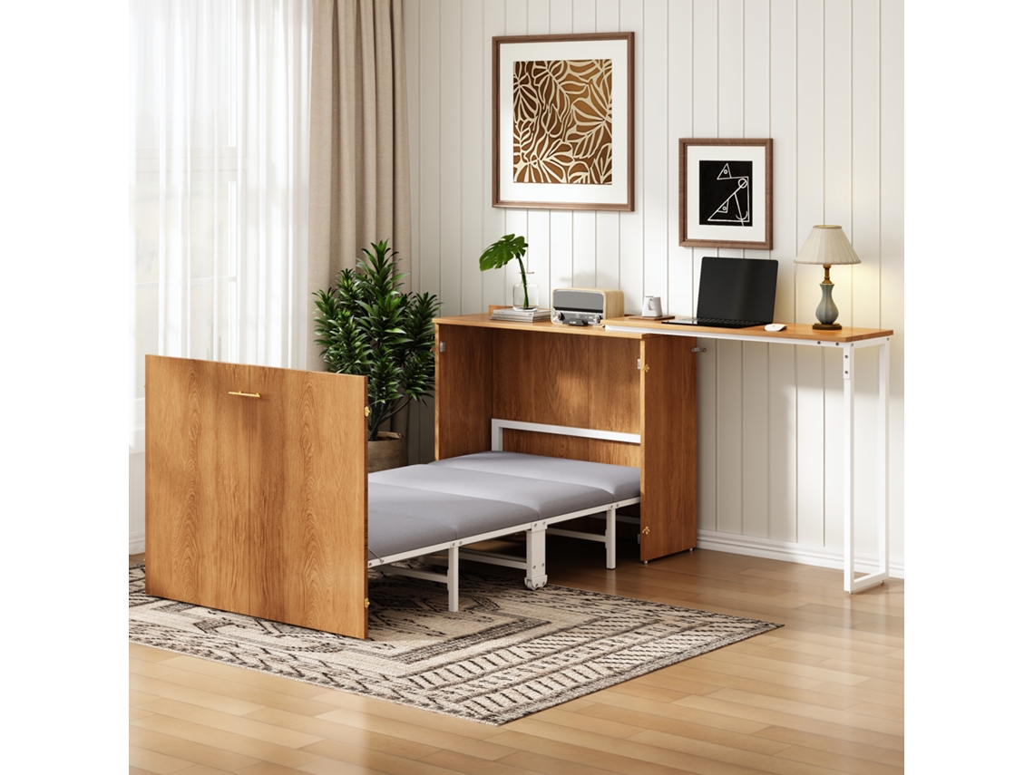 Cama Abatible Con Escritorio Giratorio Y Colchón, Ahorro De Espacio, Con Ruedas - Natural