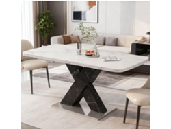 Mesa De Comedor Extensible De 120-160 Cm, De Mármol Blanco Con Patas Negras En Forma De X.