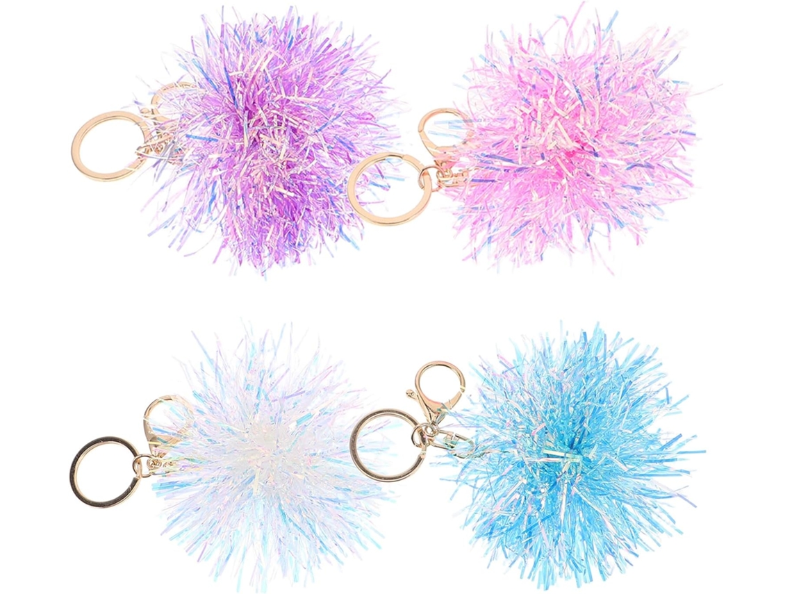 Conjunto De 4 Chaveiros Coloridos Com Pompons Brilhantes Em Fibras Reluzentes - Acessórios De Moda