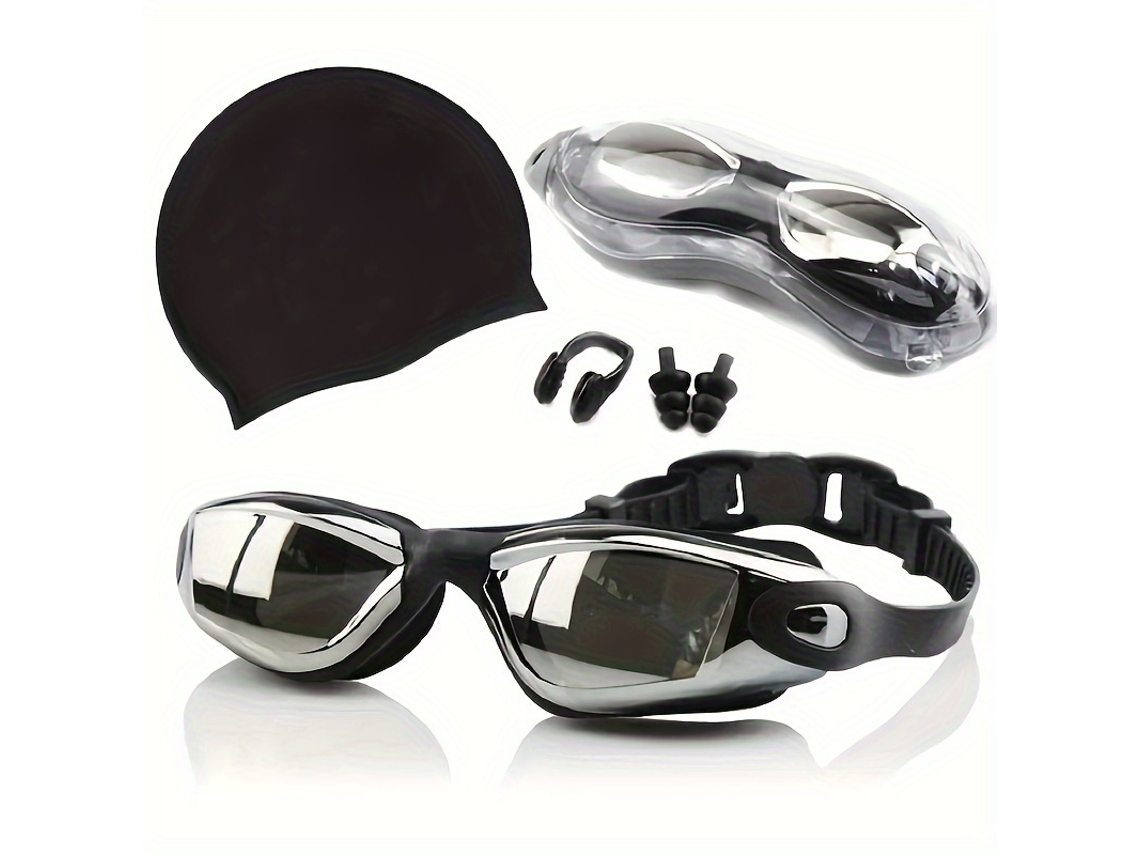 Óculos De Natação Para Adultos Com Touca De Silicone Tampões Para Os Ouvidos E Clipe Nasal (preto)